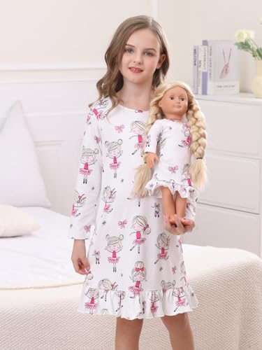 Bow Dream Toddler Girls Casual Dress and Matching American Girl Doll Clothes for Girls Cute Cartoon Kids DressWhite Cartoon3