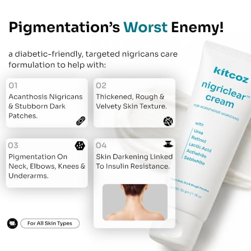 Image of Kitcoz Nigriclear Cream for Pigmentation (Acanthosis Nigricans) with Urea, Retinol & Lactic Acid | Treats Dark, Dry & Rough Skin Patches on Neck, Elbow, Knees, Armpits & Thighs | Diabetes Skin Care | Daily Use Safe - Men & Women (50gm)
