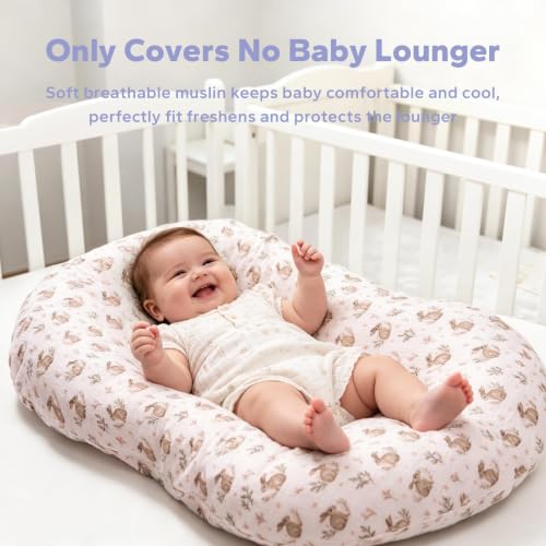 Image of FUNUPUP Muslin Baby Lounger Cover Only, Green, Leaves | 100% Muslin Cotton Soft Breathable Easy On /Off Envelope Closure Machine Washable Easy-Clean Protector Neutral Colors