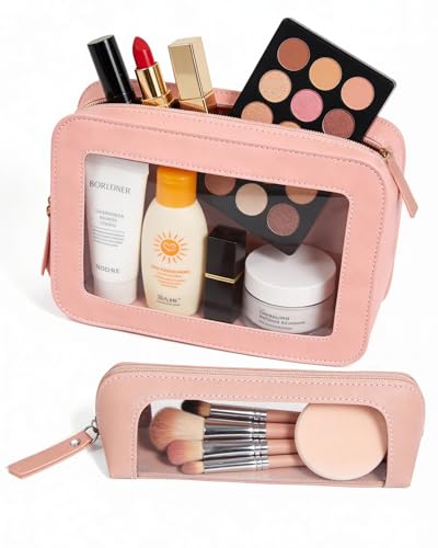 Image of LETGO 2Pack Clear Makeup Bags Set, Small Clear Makeup Bag, PU Leather Travel Makeup Brush Case Portable Transparent Waterproof Cosmetic Pencil Case Organizer Pouch(2Pack-White Set)