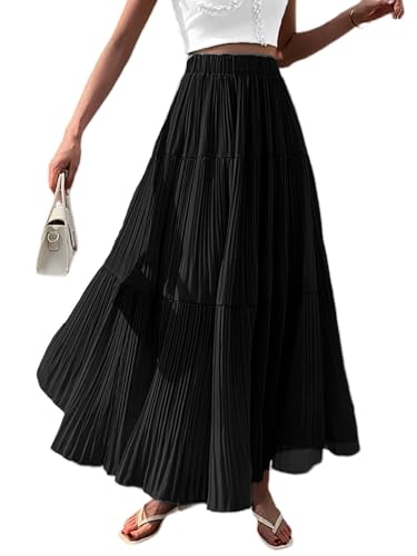 Mieazom Women's Maxi Tulle Skirts Elegant Tiered A-Line Flowy Long Skirt Fashion Elastic High Waisted Fall Winter Dress Black L