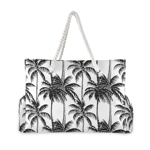 Palm Tree Black White Beach Tote Bag for Women Large Travel Tote Bags Waterproof Carry On Swim Pool Bag Beach Bags with Zipper for Gym Vacation Essentials Nurse Grocery Yoga2