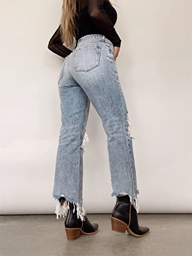 Womens Ripped Jeans Casual Stretchy Straight Leg Denim Pant High Waisted Retro Classic Denims Relaxed Fit Long Pant3