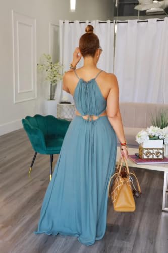 Image of Yeshire Womens Summer Spaghetti Strap Maxi Dress Sleeveless Sexy Cutout Drawstring Boho Beach Vacation Party Dresses