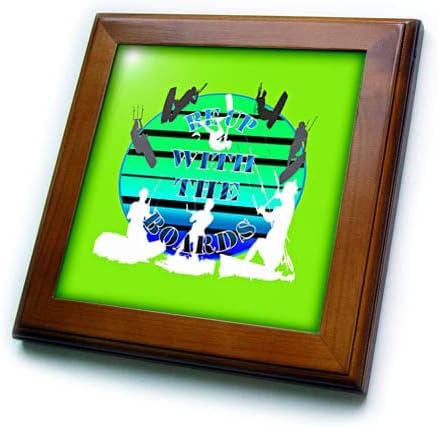 3dRose 8x8 Framed Tile - Be Up with The Boards Kitesurf White Silhouette Blue Text Vector Art - Kitesurfers