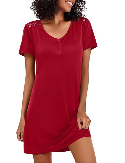 Jahetuul Nachthemd Damen weich Baumwolle Nachthemden für Damen Kurzarm Nachthemden Schlafshirt Nachtwäsche Sommer Negligee Spitze Ärmel Nachtkleid