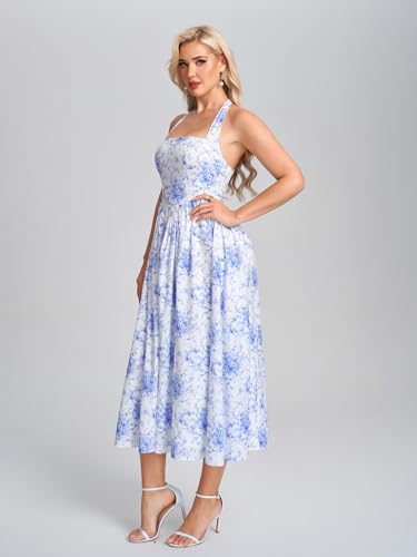 Image of Parthea Women's Floral Halter Corset Midi Dress 2026 Elegant Smocked Flowy Wedding Guest Dresses with Pockets