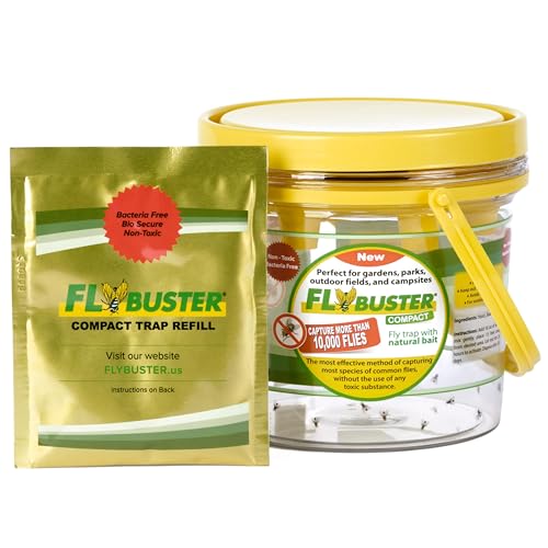 Flybuster Fly Trap | Outdoor Device for Catching Flies | 1-Liter Compact Size | Comes with One Flytrap and 1 Bait Packet | 10,000 Fly Capacity | Non-Toxic | Child & Pet Safe