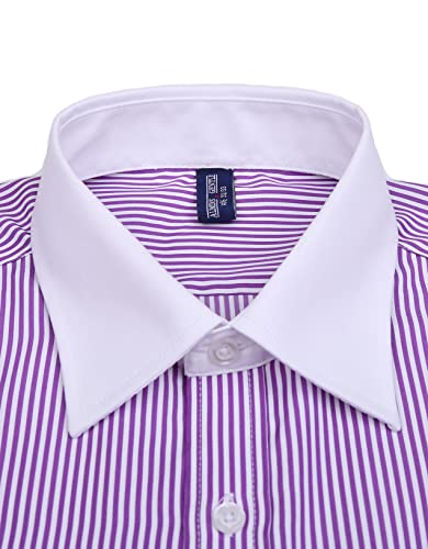 Alimens & Gentle Contrast Collar Stripe French Cuff Regular Fit Dress Shirts(Color: Stripe Purple, Size:15.5" Neck - 32"/33" Sleeve)