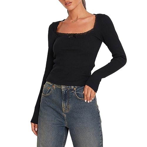 Women Long Sleeve Lace Trim Top Y2K Slim Fit Ribbed Crop Top