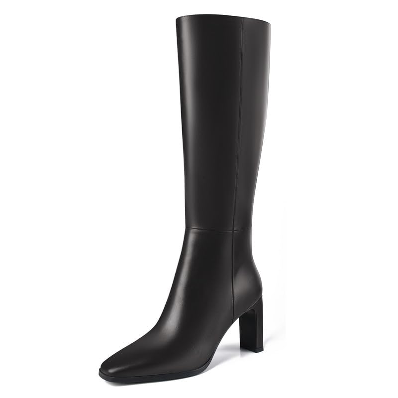 Knee High Boots for Women Chunky Heel Tall Boots Fashion Square Toe 3 Inches Side Zipper Long Heeled