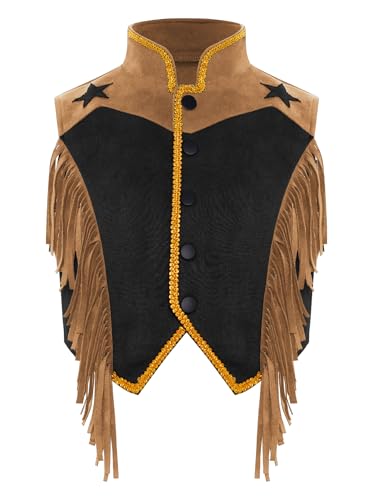Sxiwei Kids Girls Halloween Dress Up Sleeveless Faux Suede Fringe Vest Tassels Cowgirl Outfits Solid Vest