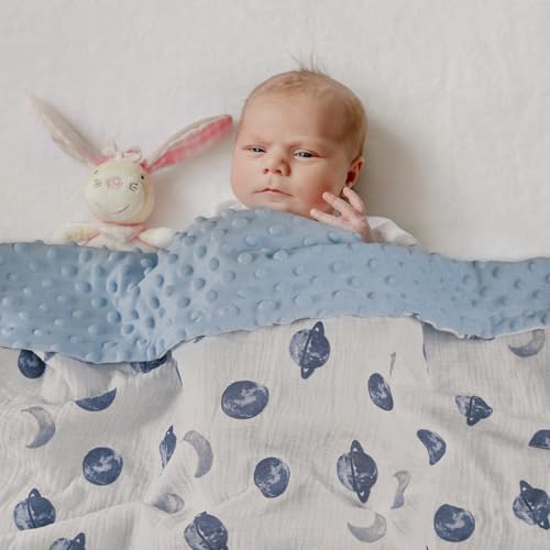 Image of GLLQUEN BABY Blankets for Boys, Soft Muslin Cotton Front Dotted Fleece Backing, Nursery Minky Crib Blanket for Infant Toddler, 30 x 40 inches Throw Blanket, Blue Space