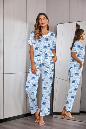 Image of Ekouaer Womens Satin Silky Pajama Set Short Sleeve Shirt with Long Pajama Pant Set Soft PJ Loungewear
