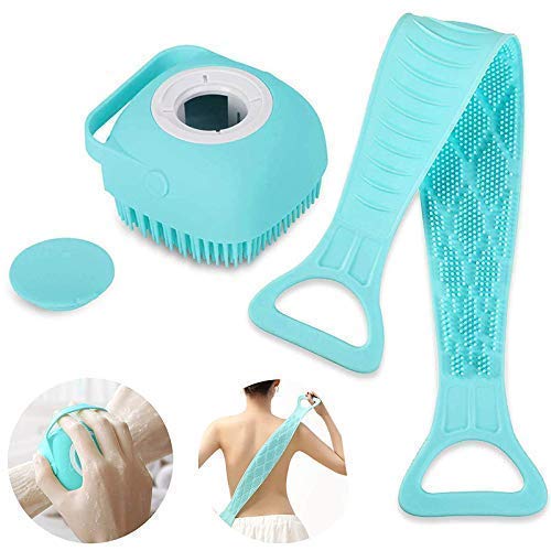 Image of COMBO of Silicone Body Bath Back Scrubber and Body Bath Brush, Soft Cleaning Body Brush with Shampoo Dispenser - Skin Massage Brush Bath Bathroom Accessories (MULTI COLOR) (1+1 PC)