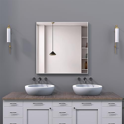 WONSTART Espejos de baño cuadrados grandes para pared, 36 x 36 pulgadas, espejos de tocador modernos blancos con marco de aluminio que se cuelgan horizontal o vertical para entrada y dormitorio