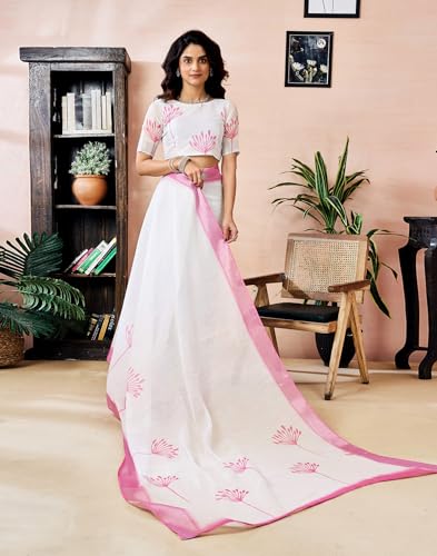Image of SIRIL Women's Printed Cotton Linen One Minute Ready to Wear Saree With Unstitched Blouse Piece