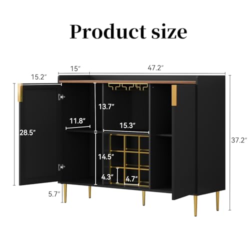 Image of ARTPOWER 48 inch Wine Bar Cabinet with Fluted Texture, Modern Buffet Sideboard with Wine Rack and Glass Holder, Liquor Coffee Station with Storage for Kitchen, Living Room, Home Bar, Black