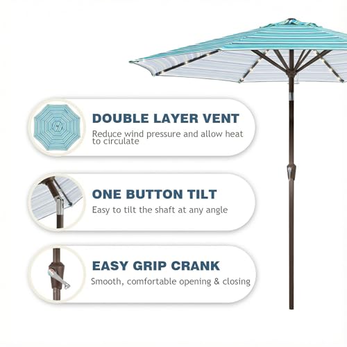 Image of 9FT Patio Umbrella with Solar Lights,Outdoor Market Umbrella with Tilt and Crank, LED Lighted Table Umbrella for Garden,Deck,Backyard,Pool,Beach (Blue Green Stripes)