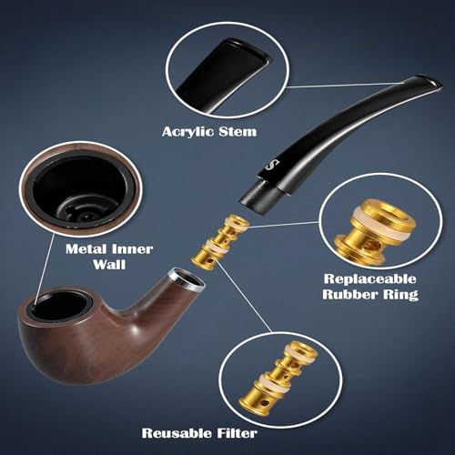Image of Sanda Classic Tobacco Smoking Pipe, Resin Brown Wood Design with Black Stem, Traditional Curved Bowl Shape Cigar Pipe, Perfect Beginner Pipe, Gift Set