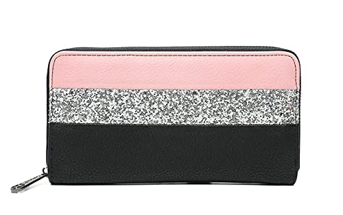 Gallantry Portefeuille Femme Paillette Rayures Zippé - Porte-Cartes Monnaies Tout-en-Un Format Long - Wallet Compagnon Bandes Grande Capacité Similicuir...
