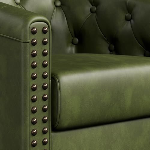 Image of Swivel Barrel Accent Chairs Set of 2,Round Nailhead Faux Leather Living Room Arm Chairs,Modern Upholstered Comfty Reading Chairs for Bedroom,Small Club Armchair,Sofa Side Chairs,Olive Green