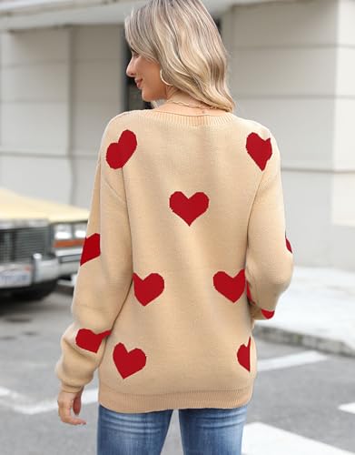 Image of Womens Cute Heart Sweater Crew Neck Long Sleeve Pullover Valentines Sweater
