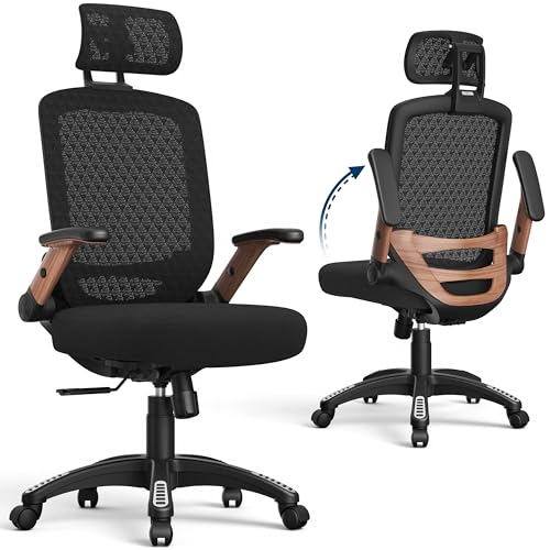 Image of GABRYLLY Ergonomic Office Chair, High Back Home Desk Chair with Flip-Up Arms, 3D Headrest, Thick Sponge Seat &90-120 Recline, Big and Tall Mesh Executive Chairs for Man Woman, Black Woodgrain