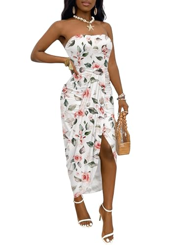 Image of Umenlele Women's Strapless Ruched High Waist Wrap Split Asymmetrical Beach Maxi Long Dress