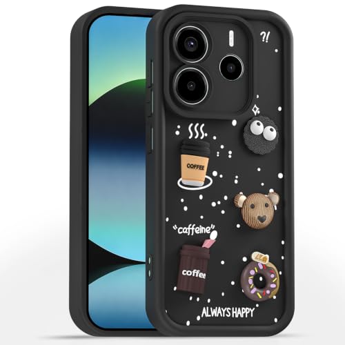 Image of Pikkme Back Cover for Redmi Note 14 5G | 3D Bear Silicone Cute & Fun Coffee Cartoon | Full Body Protection Bumper Case (Black)