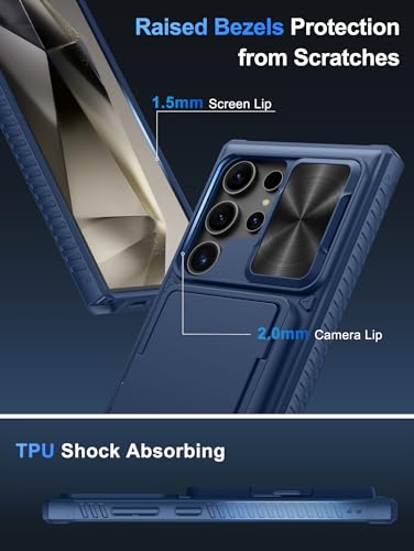 Image of Vihibii PC For Samsung Galaxy S24 Ultra Back Cover With Card Holder (4 Cards) & Slide Camera Cover & Kickstand, Hard Case For Galaxy S24 Ultra, Blue