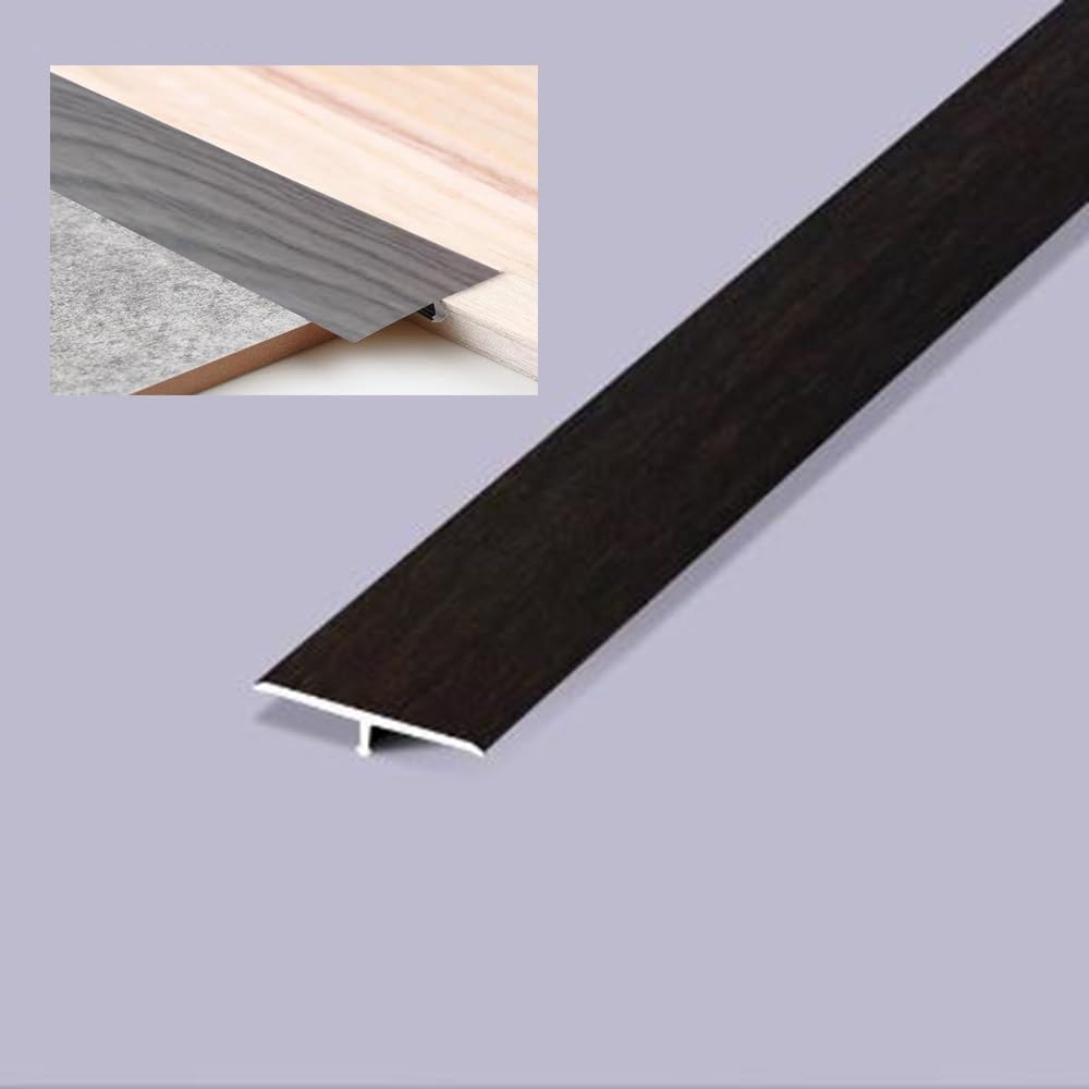 Psmpengamz Black T-Molding Floor Transition Strip 35.4In/90Cm Flat Divider Strips, Aluminum Threshold Floor Joining Strip Gap Covering - Wood Grain Finish(,W2.5cm)