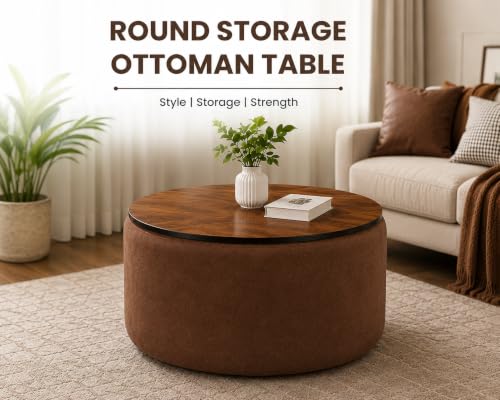Image of Elegent Round Coffee Table with Wooden Top, Storage Ottoman Tables for Living Room, Centre Tables, Tea Tables, Farmhouse, Wood Drum Coffee Table (Brown)