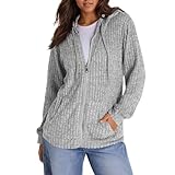 Women's Zip Up Sweater Jacket Fall 2024 Cardigan Tunic Hoodie Knitted Ribbed Casual Sweatshirt With Pocket Gray Large