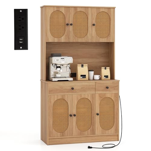 Giantex Kitchen Hutch, 71" Tall Boho Pantry Cabinet w/Charging Station,