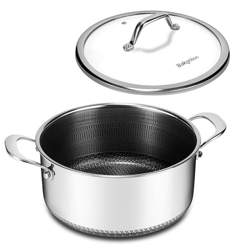 Bakoniion Hybrid Nonstick 5 QT Stockpot with Lid Two Handles, Stainless Steel Stockpot with Honeycomb Texture,Compatible with All Cooktops,Dishwasher and Oven Safe