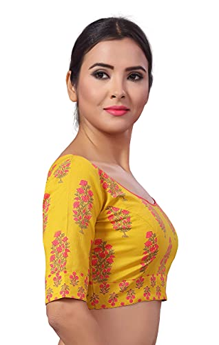 Image of Studio Shringaar Women's Yellow Jaipuri Block Printed Pure Cotton Readymade Saree Blouse with Elbow Length Sleeves
