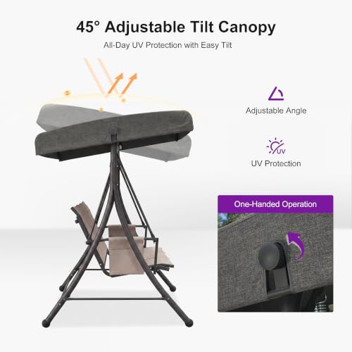 Image of PURPLE LEAF 3-Seat Outdoor Porch Swing with Adjustable Canopy, Heavy Duty Aluminum Frame Patio Swing Chair for Adults, Great for Front Porch Balcony Courtyard, Silver Grey