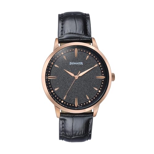 Image of Sonata Jashn with Quartz Analog Black Dial Black Leather Strap Men's Wedding Watch - 77208WL02