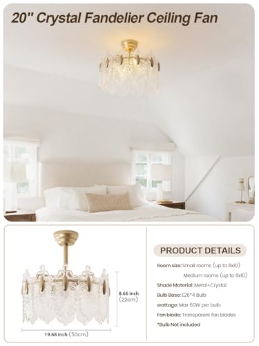 Image of 20 Inch Gold Crystal Fandelier Ceiling Fan with Light, Mid Century Gold Fandelier Ceiling Fans with Lights Remote Control, French Country Chandelier with 6 Speeds for Bedroom, Nursery, Living Room