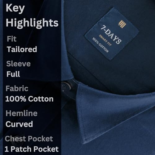 Image of 7-DAYS Men's 100% Cotton Full Sleeve Shirt for Men | Premium Plain Shirt | Tailored Fit (Between Slim & Regular) | Stylish Office & Casual Wear | with Pocket