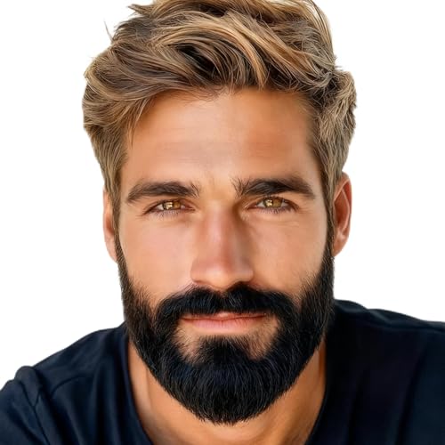 Miyamarch Fake Full Beard, Professional Human Hair Fake Mustache, Full Hand Tied Soft Lace Facial Hair, Black Fake Full Beard for Men Festival Parties Cosplay Costume(Style 2)