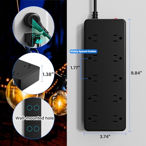 Extensión Adoreen Outdoor Power Strip 10 Ft, Protector contra Sobretensiones IPX6 Impermeable con 10 Tomas de Corriente Amplias, Cable de 10 Ft, Enchufe Plano 45°, Montable en Pared, 125V miniatura 5
