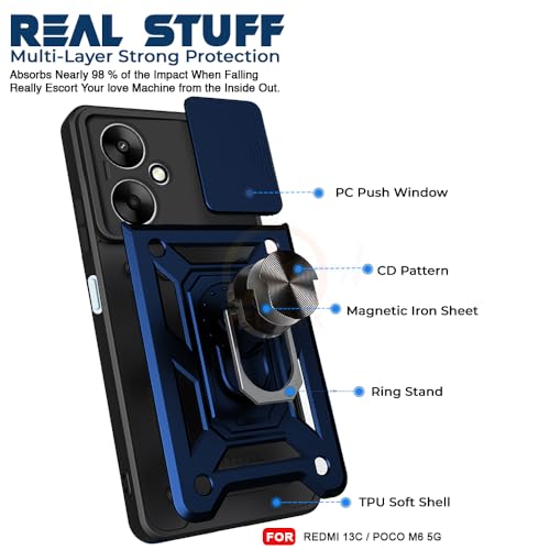 Image of Armor Bumper Back Cover Case for Redmi 13C 5G / Poco M6 5G Rotating Camera Cover, Ring Holder & Kickstand | Heavy Duty & 360 Degree Protection Redmi 13C 5G / Poco M6 5G Back Cover (Blue)