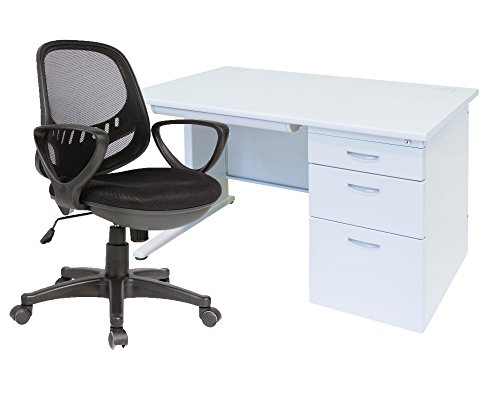 事務机 片袖机と高機能メッシュ肘付きチェアのセット オフィスデスクと事務椅子のセット品 (W1000*D700*H700+チェア色:背黒座黒)