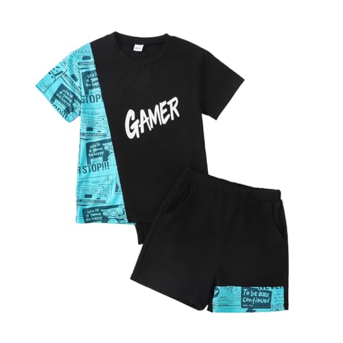 Image of OLMRJKD Boys 2 Piece Outfits Short Sleeve Colorblock T-shirt and Shorts Summer Casual Clothes for 6-12 Years