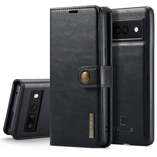 Étui Google Pixel 7 Pro portefeuille amovible 2 en 1 en cuir véritable noir avec porte-cartes.
