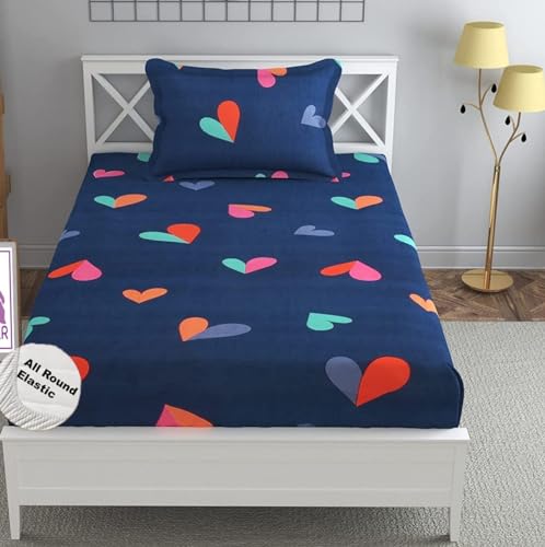 Image of KAWI Geometric 200 TC Single Bedsheet Elastic Fitted Glace Cotton with 1 Pillow Cover (72 inchX 48 inchXup to 8 Inche Mattress) Navy Blue Colour, queen