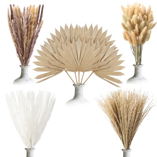 Ovveroche 105 Pcs Boho Dried Pampas Grass & Palm Leaves Natural Pampas Grass Decor Spears Leaves Bouquet for Wedding Baby Shower Table Restaurant Centerpieces Floral Room Vase