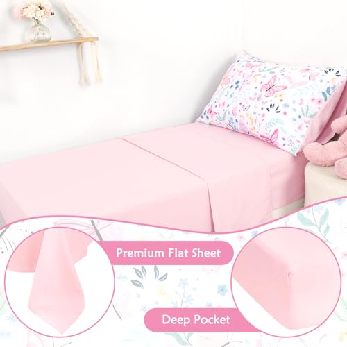 Image of Toddler Bedding Set for Girls 4 Pieces Butterfly, Soft Breathable Toddler Comforter Set, Flower Print, Includes Reversible Comforter, Fitted Sheet and Flat Sheet, Pillowcase